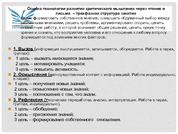 Основа технологии развития критического мышления через чтение и письмо – трехфазная структура занятия Цели: