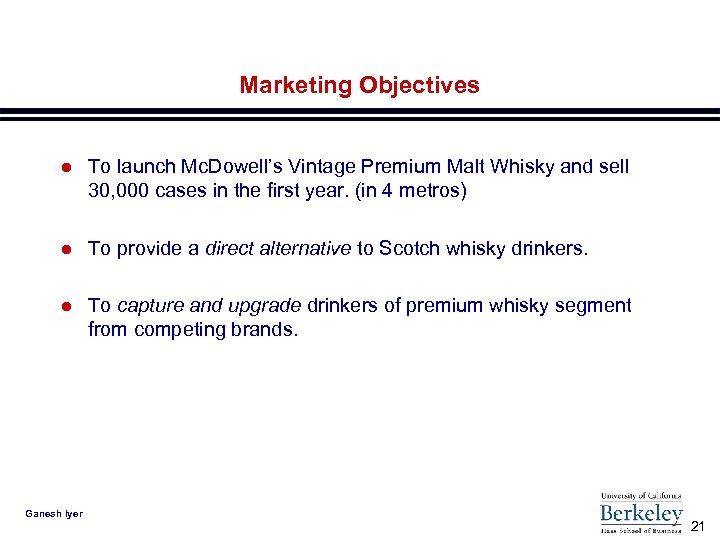 Marketing Objectives l To launch Mc. Dowell’s Vintage Premium Malt Whisky and sell 30,