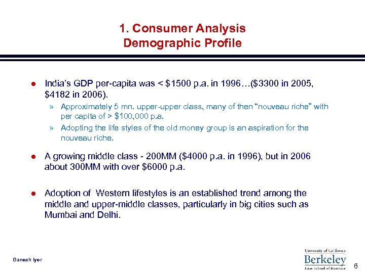 1. Consumer Analysis Demographic Profile l India’s GDP per-capita was < $1500 p. a.