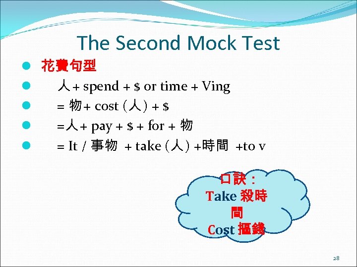 The Second Mock Test l 花費句型 l 人 + spend + $ or time