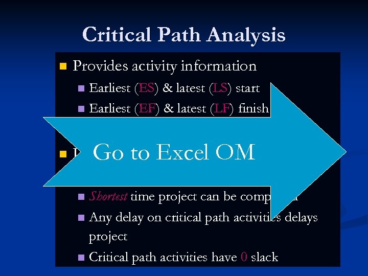 Critical Path Analysis n Provides activity information Earliest (ES) & latest (LS) start n