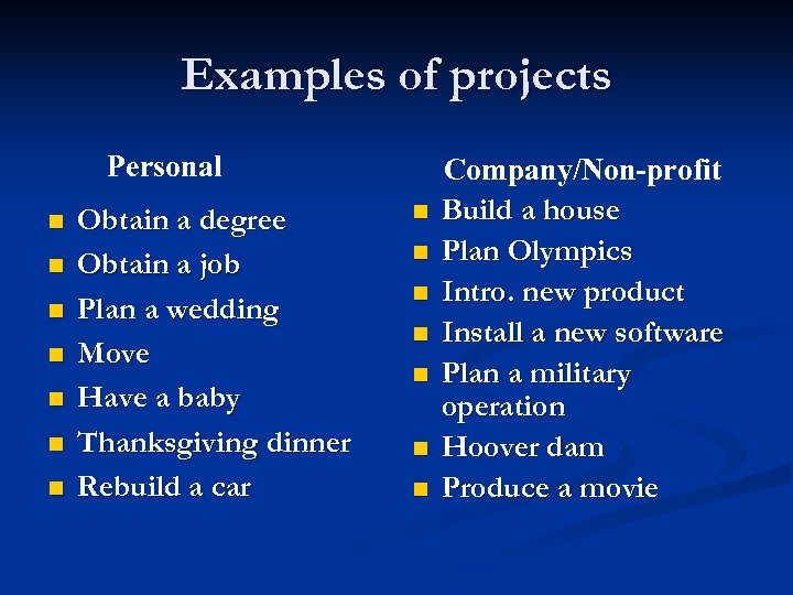Examples of projects Personal n n n n Obtain a degree Obtain a job
