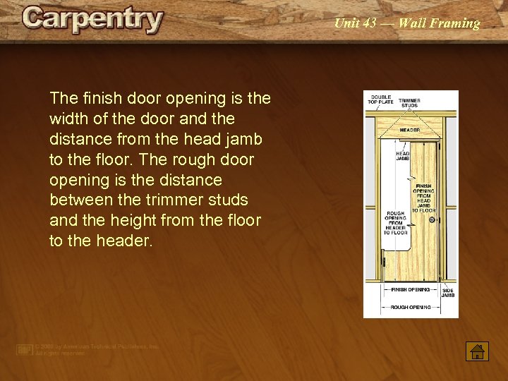 Unit 43 — Wall Framing The finish door opening is the width of the