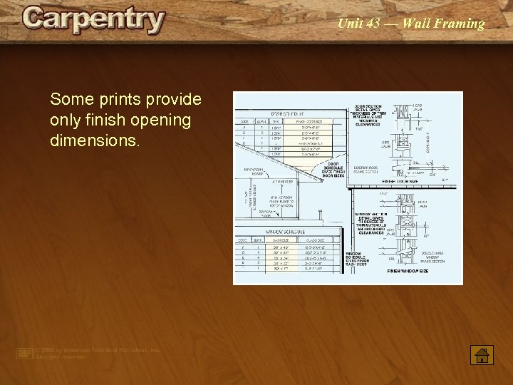 Unit 43 — Wall Framing Some prints provide only finish opening dimensions. 
