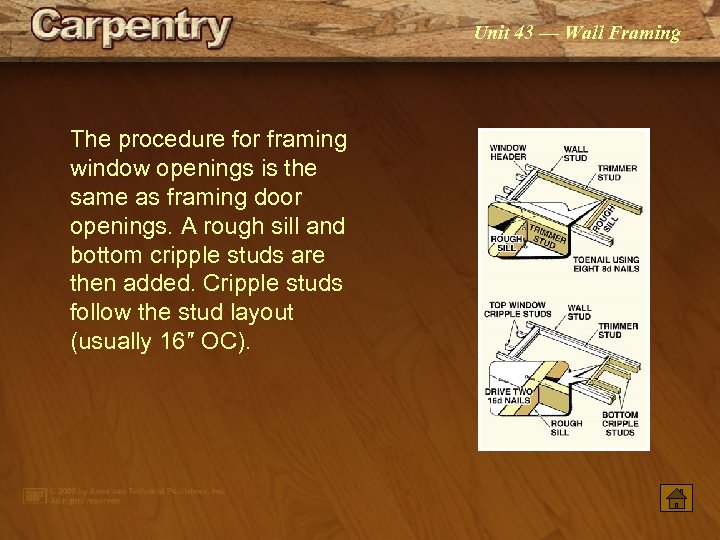 Unit 43 — Wall Framing The procedure for framing window openings is the same