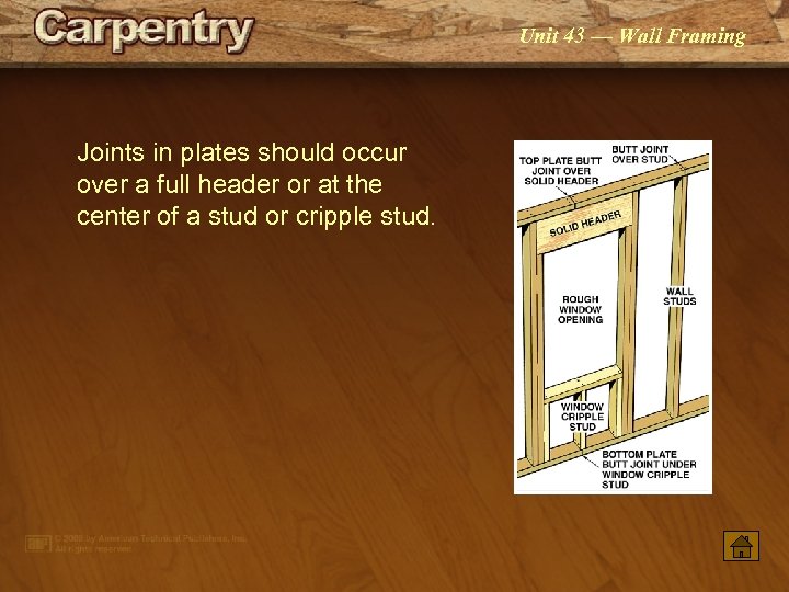 Unit 43 — Wall Framing Joints in plates should occur over a full header