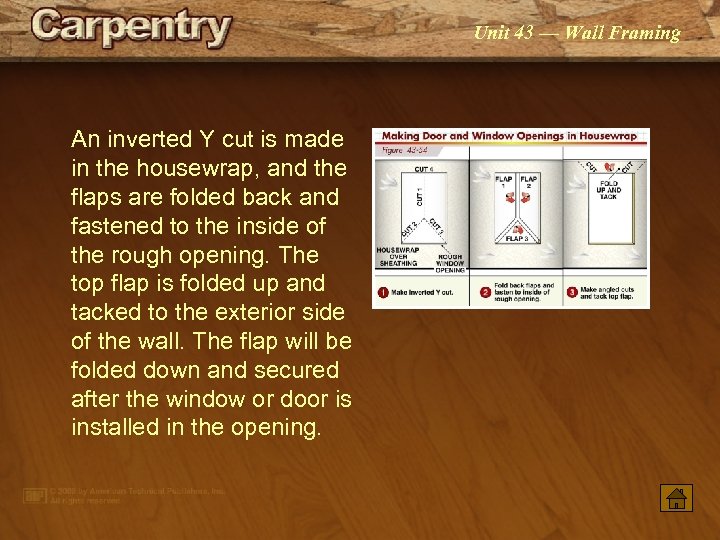 Unit 43 — Wall Framing An inverted Y cut is made in the housewrap,