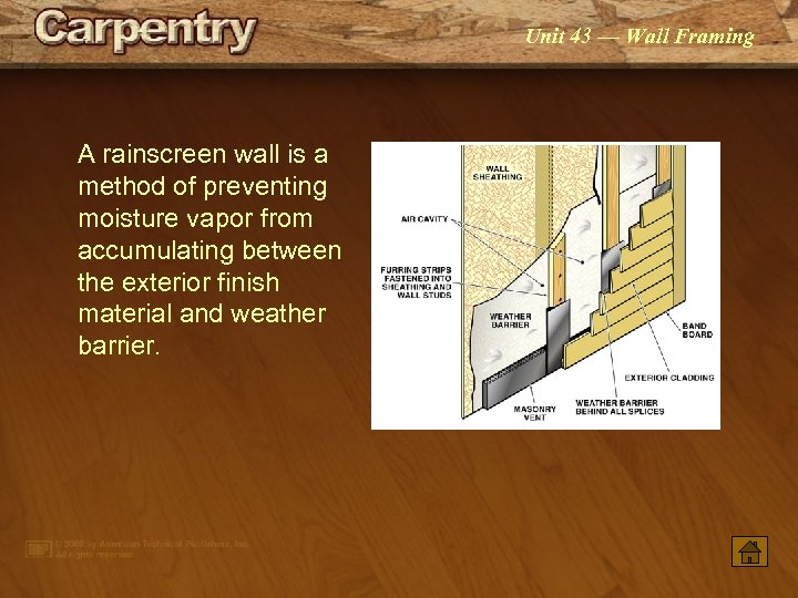 Unit 43 — Wall Framing A rainscreen wall is a method of preventing moisture