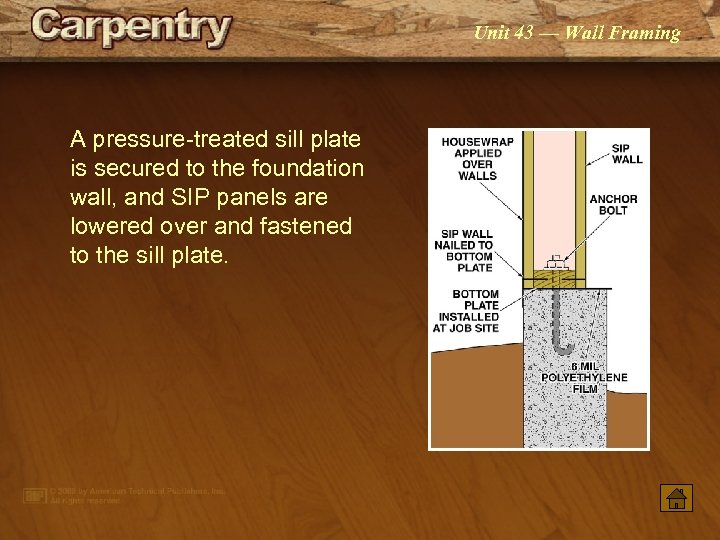Unit 43 — Wall Framing A pressure-treated sill plate is secured to the foundation