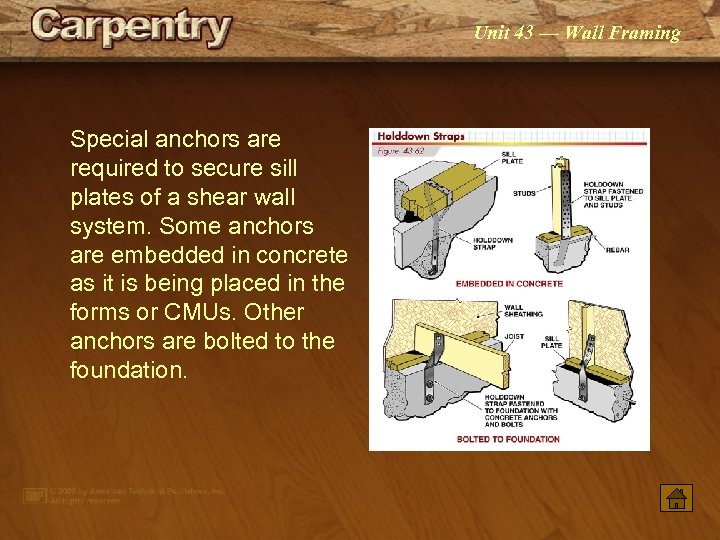 Unit 43 — Wall Framing Special anchors are required to secure sill plates of