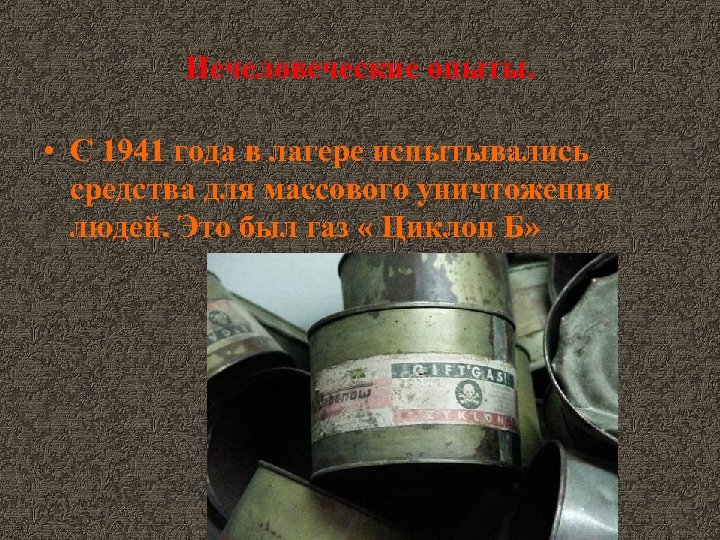 Нечеловеческие опыты. • С 1941 года в лагере испытывались средства для массового уничтожения людей.