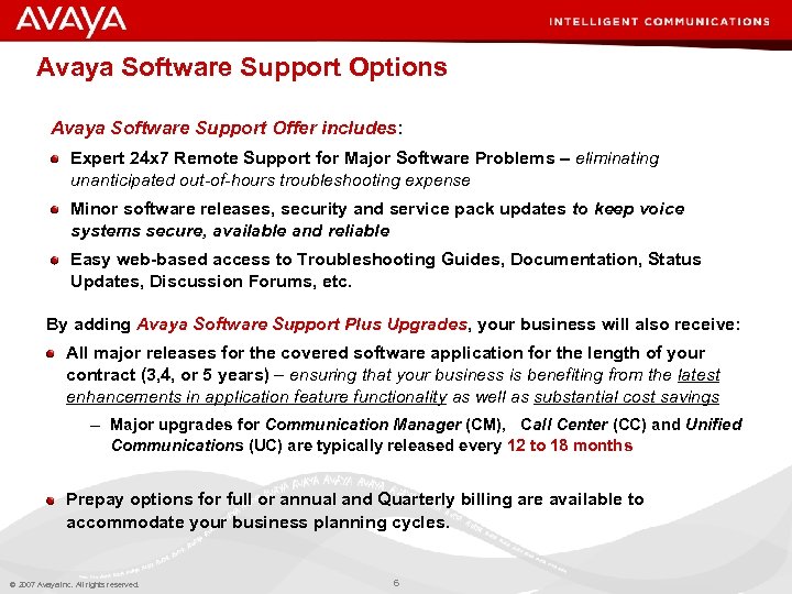 Avaya Software Support Options Avaya Software Support Offer includes: Expert 24 x 7 Remote