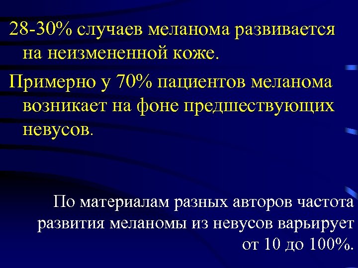 28 -30% случаев меланома развивается на неизмененной коже. Примерно у 70% пациентов меланома возникает