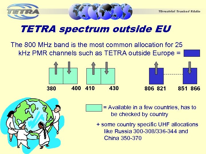 TETRA spectrum outside EU The 800 MHz band is the most common allocation for