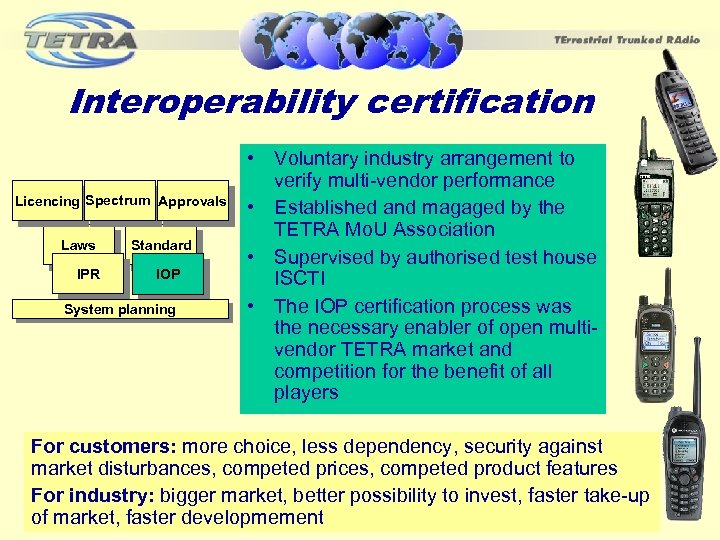 Interoperability certification Licencing Spectrum Approvals Laws IPR Standard IOP System planning • Voluntary industry