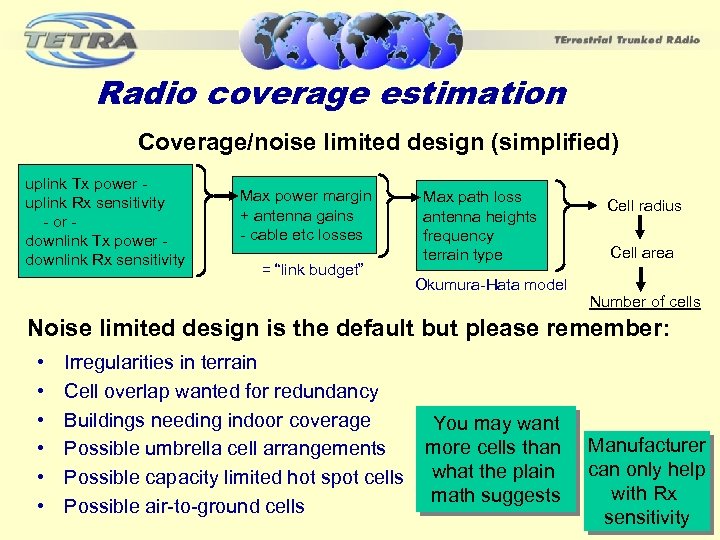 Radio coverage estimation Coverage/noise limited design (simplified) uplink Tx power uplink Rx sensitivity -