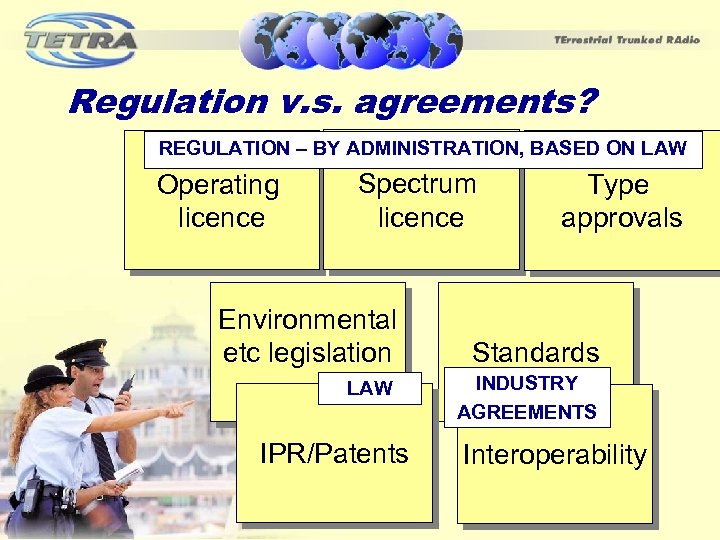 Regulation v. s. agreements? REGULATION – BY ADMINISTRATION, BASED ON LAW Operating licence Spectrum