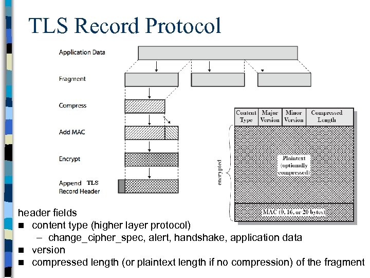 TLS Record Protocol TLS header fields n content type (higher layer protocol) – change_cipher_spec,