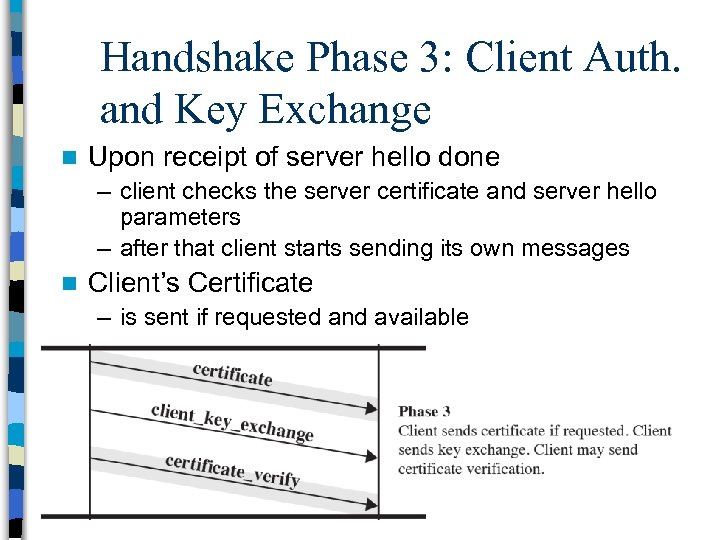 Handshake Phase 3: Client Auth. and Key Exchange n Upon receipt of server hello