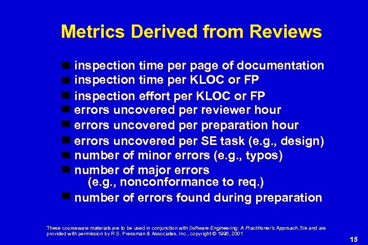 Metrics Derived from Reviews inspection time per page of documentation inspection time per KLOC