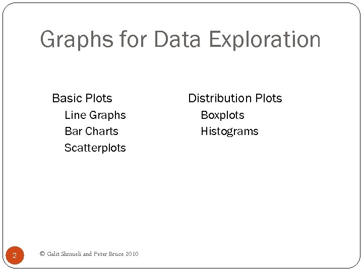 Graphs for Data Exploration Basic Plots Line Graphs Bar Charts Scatterplots 2 © Galit