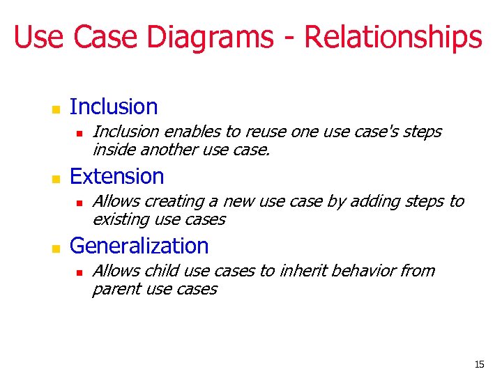 Use Case Diagrams - Relationships n Inclusion n n Extension n n Inclusion enables