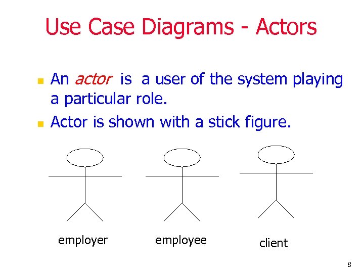 Use Case Diagrams - Actors n n An actor is a user of the