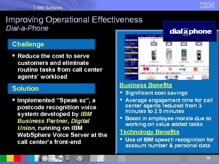 IBM Software Improving Operational Effectiveness Dial-a-Phone Challenge § Reduce the cost to serve customers