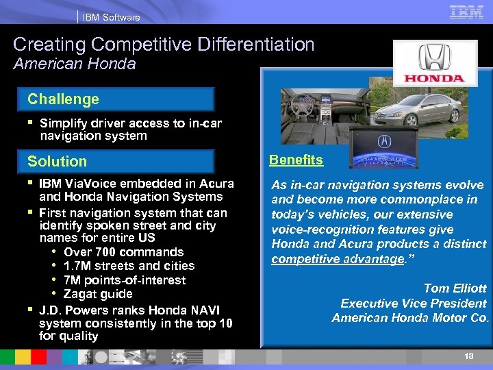 IBM Software Creating Competitive Differentiation American Honda Challenge § Simplify driver access to in-car