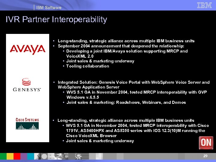 IBM Software IVR Partner Interoperability • Long-standing, strategic alliance across multiple IBM business units