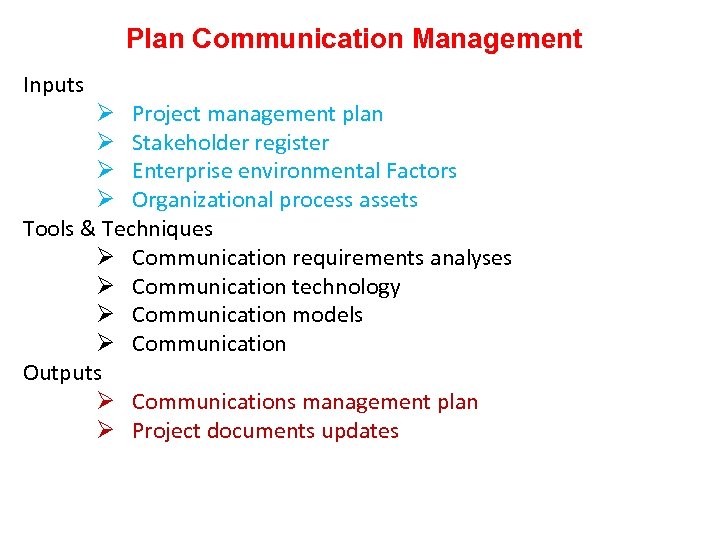 Plan Communication Management Inputs Ø Project management plan Ø Stakeholder register Ø Enterprise environmental