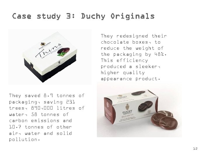 Case study 3: Duchy Originals They redesigned their chocolate boxes, to reduce the weight