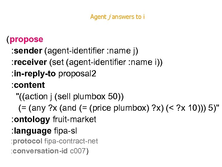 Agent j answers to i (propose : sender (agent-identifier : name j) : receiver