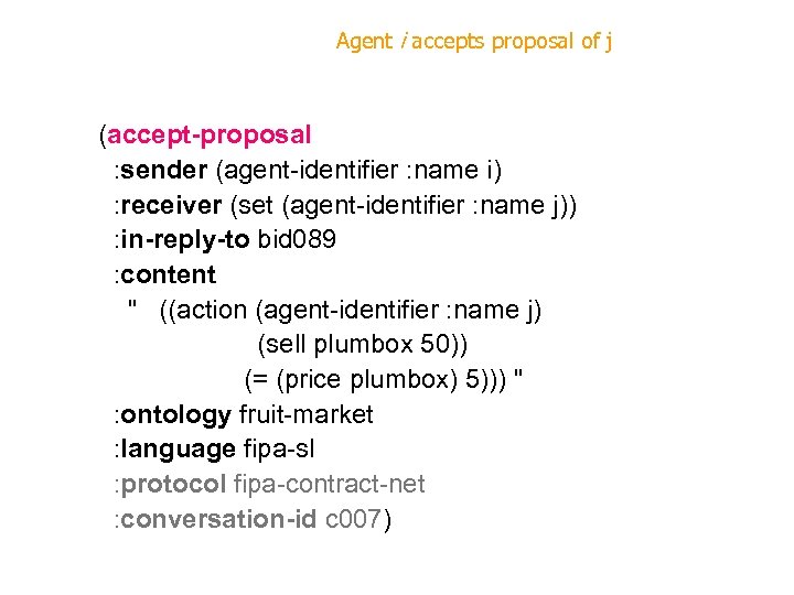 Agent i accepts proposal of j (accept-proposal : sender (agent-identifier : name i) :