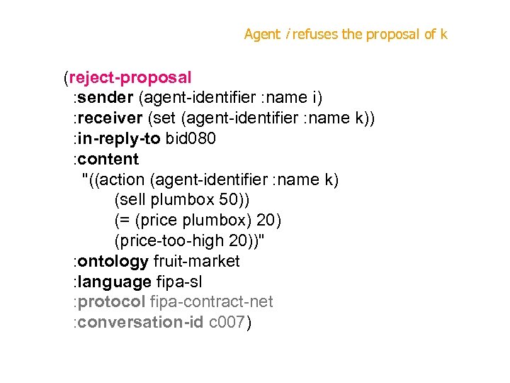 Agent i refuses the proposal of k (reject-proposal : sender (agent-identifier : name i)