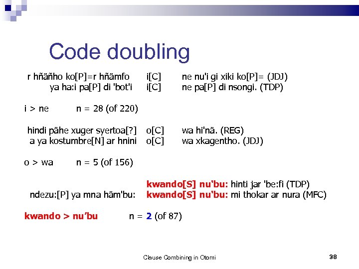 Code doubling r hñäñho ko[P]=r hñämfo i[C] ya ha: i pa[P] di 'bot'i i[C]