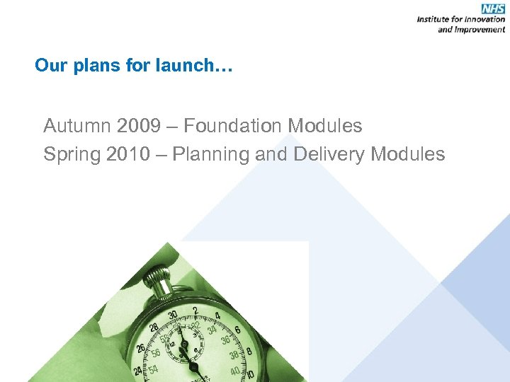 Our plans for launch… Autumn 2009 – Foundation Modules Spring 2010 – Planning and