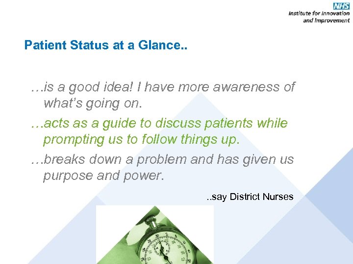 Patient Status at a Glance. . …is a good idea! I have more awareness