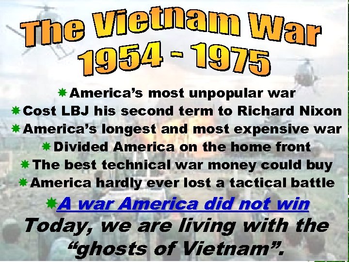  America’s most unpopular war Cost LBJ his second term to Richard Nixon America’s