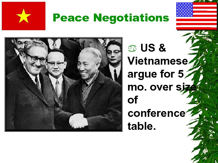 Peace Negotiations US & Vietnamese argue for 5 mo. over size of conference table.