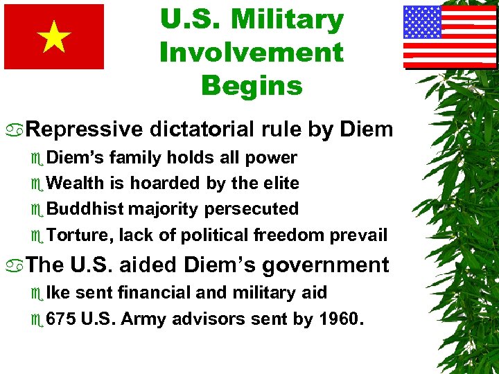 U. S. Military Involvement Begins a. Repressive dictatorial rule by Diem e Diem’s family