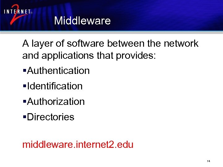 Middleware A layer of software between the network and applications that provides: §Authentication §Identification