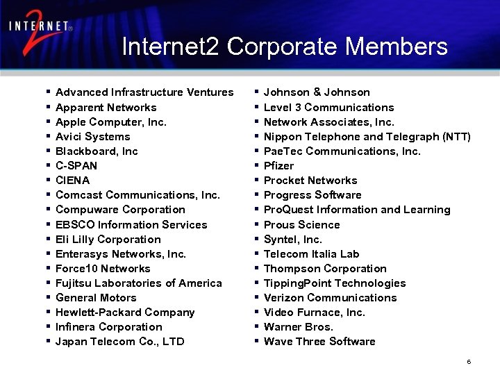 Internet 2 Corporate Members § § § § § Advanced Infrastructure Ventures Apparent Networks
