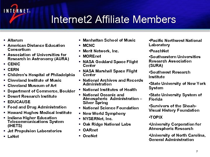 Internet 2 Affiliate Members § Altarum § American Distance Education Consortium § Association of
