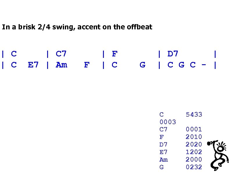In a brisk 2/4 swing, accent on the offbeat | C | C 7