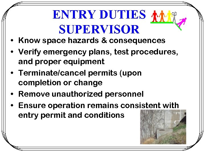 ENTRY DUTIES SUPERVISOR • Know space hazards & consequences • Verify emergency plans, test