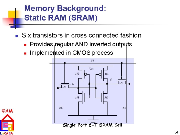 Memory Background: Static RAM (SRAM) n Six transistors in cross connected fashion n n
