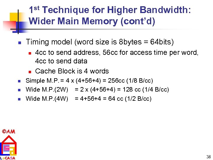 1 st Technique for Higher Bandwidth: Wider Main Memory (cont’d) n Timing model (word