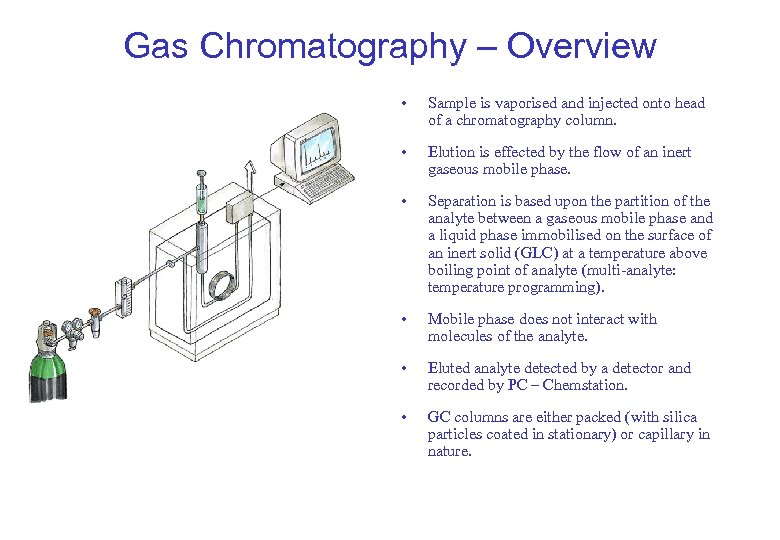 Gas Chromatography – Overview • Sample is vaporised and injected onto head of a