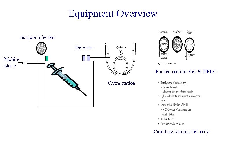 Equipment Overview Sample injection Detector Mobile phase Packed column GC & HPLC Chem station